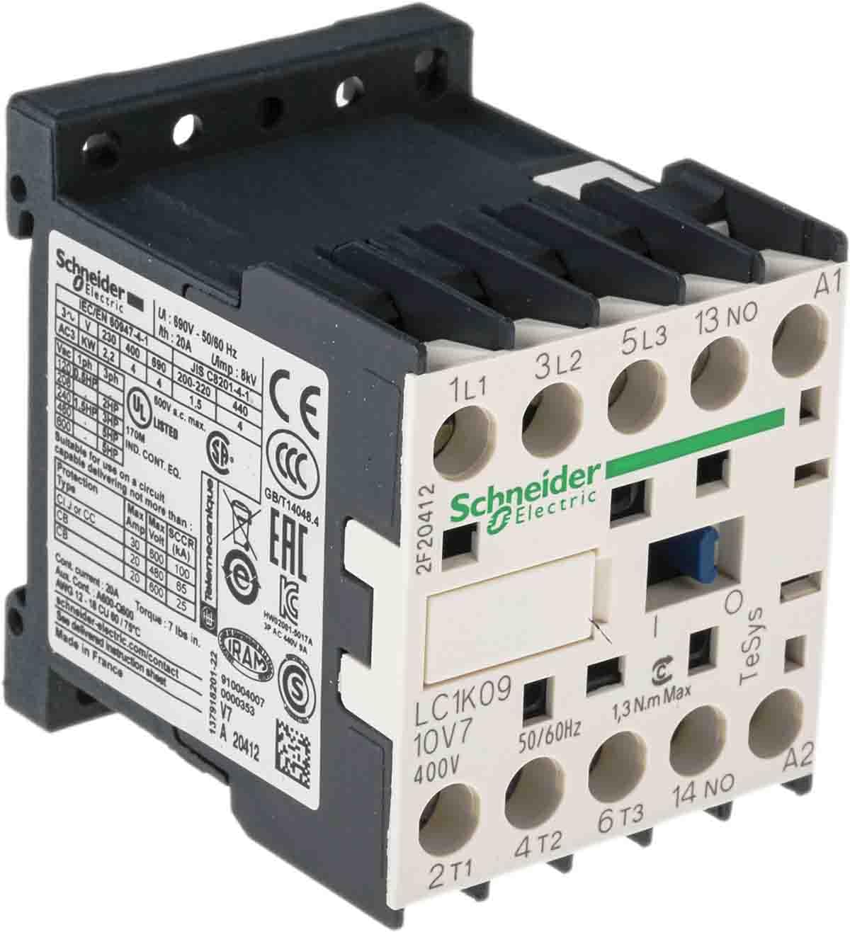Schneider Electric LC1K0910V7 Contactor 9A 400V, Contactor-3No 9A Ac3 Poles