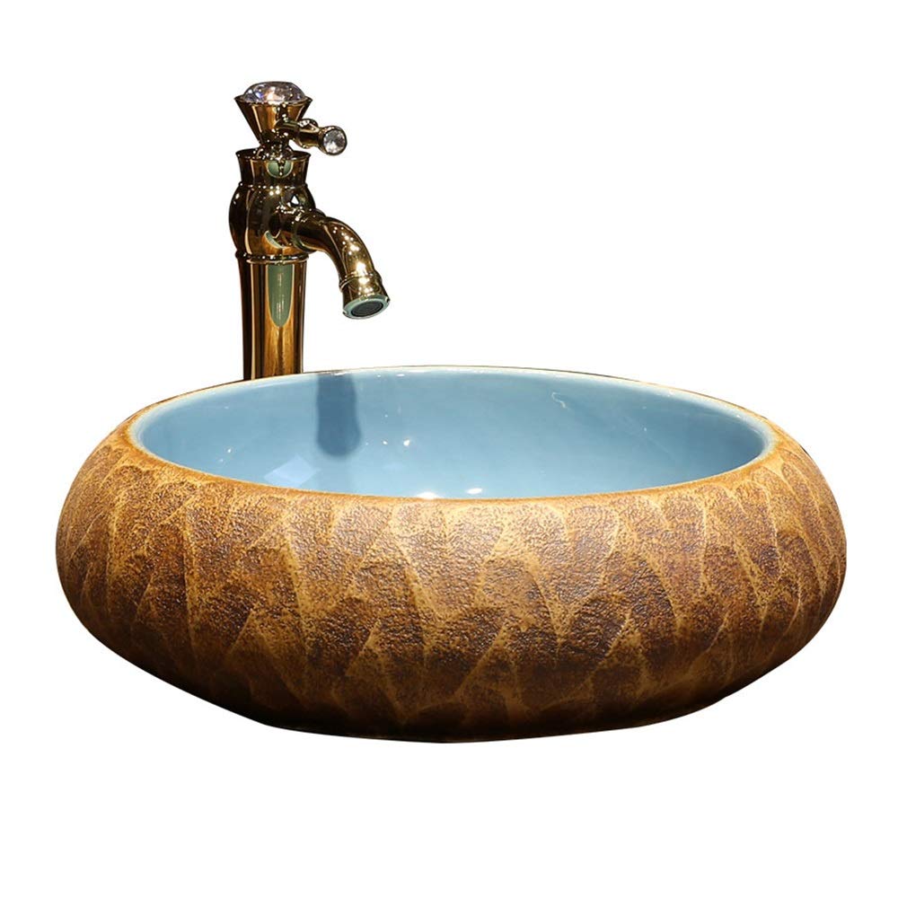 Gljtuo Retro Round Bowl Above Counter Porcelain Ceramic Bathroom Vessel Vanity Sink Art Basin