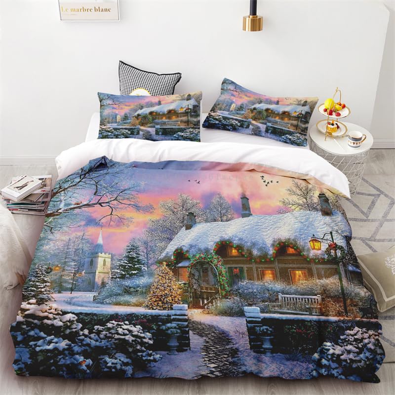 Housse de couette de Noël cadeau idéal pour lit d'enfant et d'ado avec décors de chalets