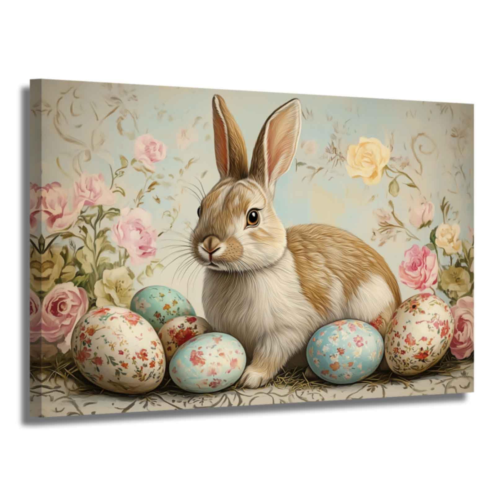 XLMDYYSW Easter Bunny Wall Art Vintage Rabbit with Flowers Pictures Wall Decor Spring Animal Canvas Print Easter Eggs Paintings for Kitchen Bathroom
