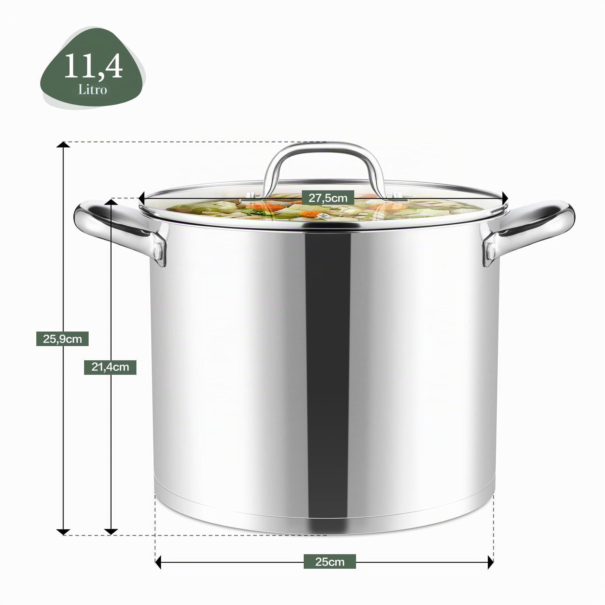 Joyfair Pentola da 11,4 litri in acciaio inox grande pentola a induzione con coperchio in vetro, 3 strati di fondo stabile per tutti i tipi di fornelli, pentola per pasta di alta qualità per cucinare