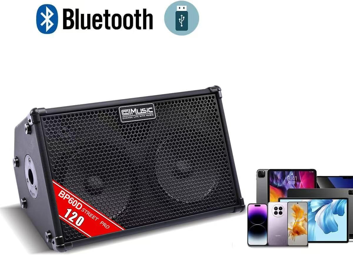 Coolmusic BP60D 60W* 2 Amplificateur de Guitare Acoustique à Piles Haut-Parleur Bluetooth Portable avec Effet Reverb Chorus Delay 7 entrées