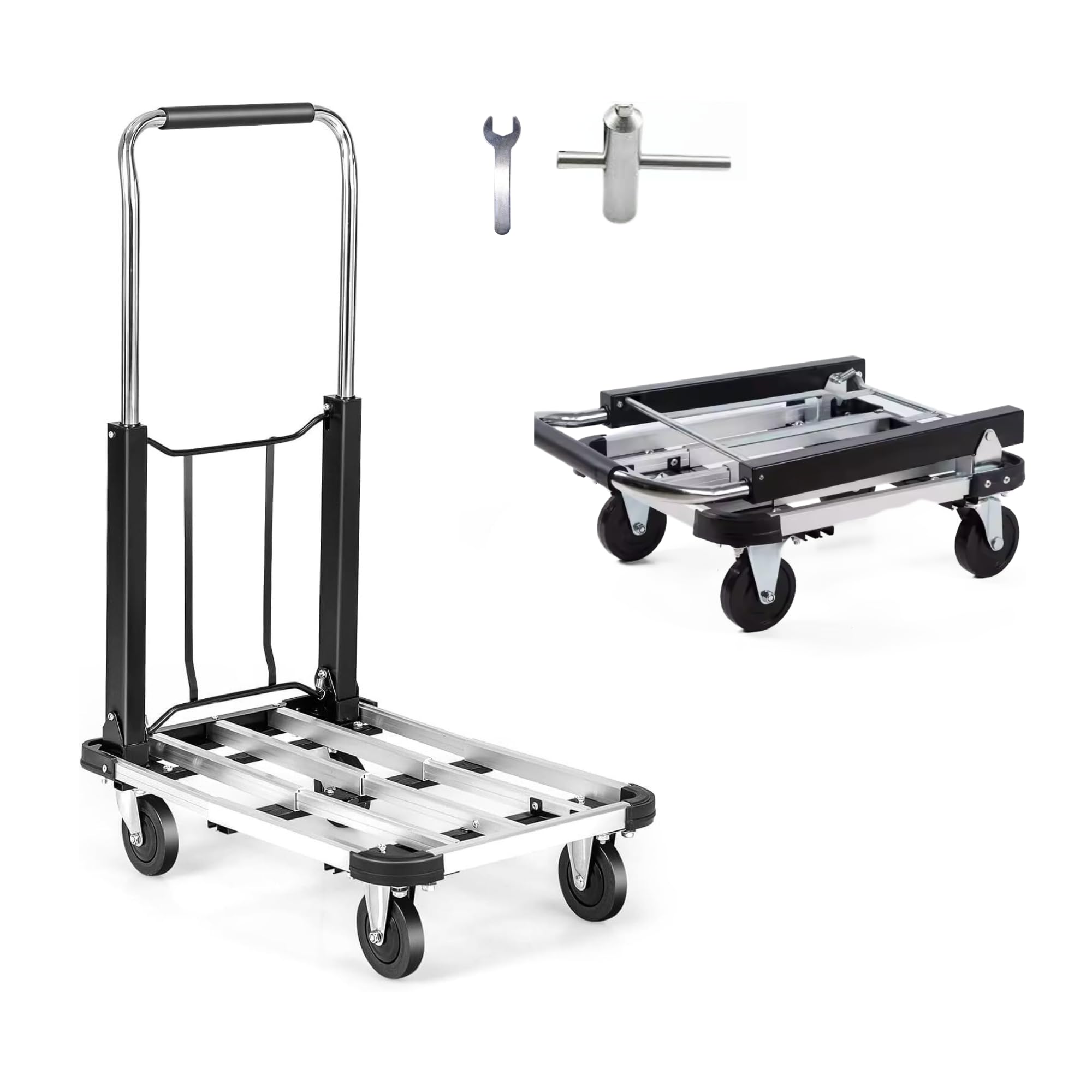 Carrello Manuale in Alluminio, Carrello a Mano Pieghevole Allungabile con 4 Ruote Antiscivolo, Carrello a Pianale con Portata 150 kg, Carrello di Trasporto in Magazzini, Giardino, Casa, Traslochi