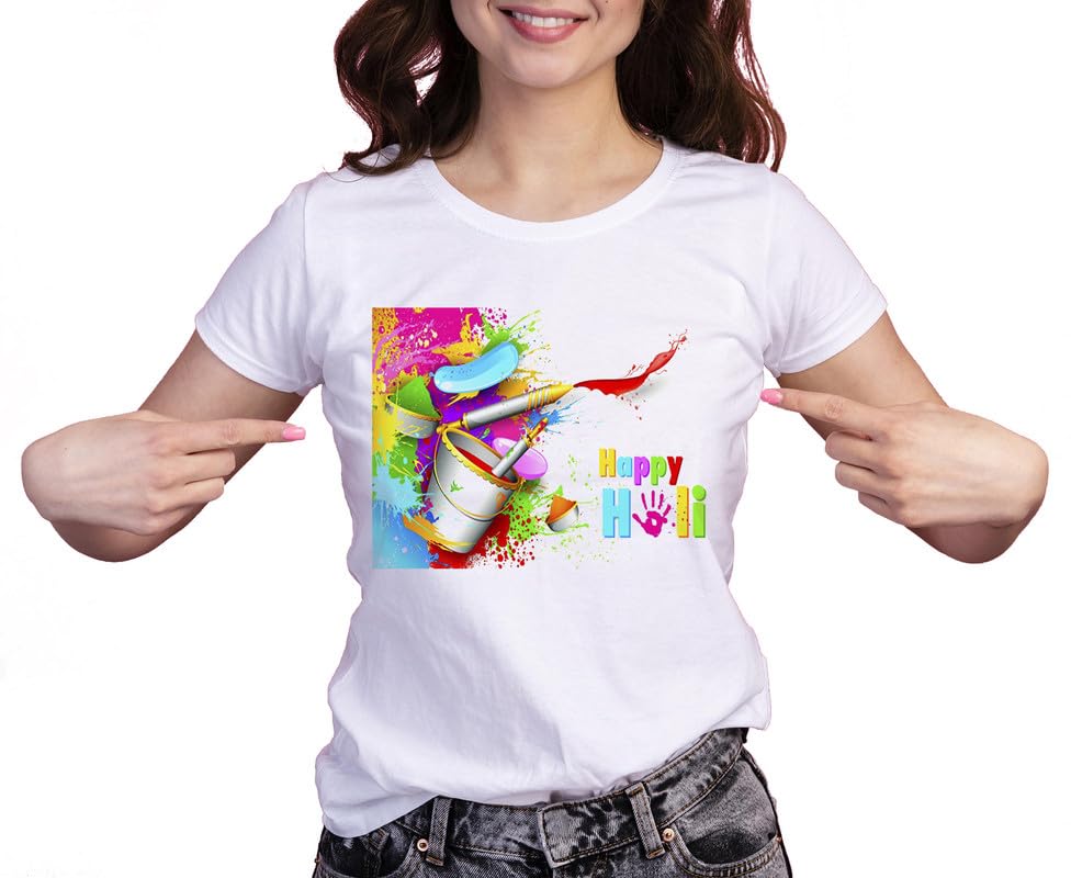 Image of Knitted Polycotton Fabric Regular Fit Girl Women Half Sleeve T-Shirt for Festival of Holi Style 17 White Size : Free