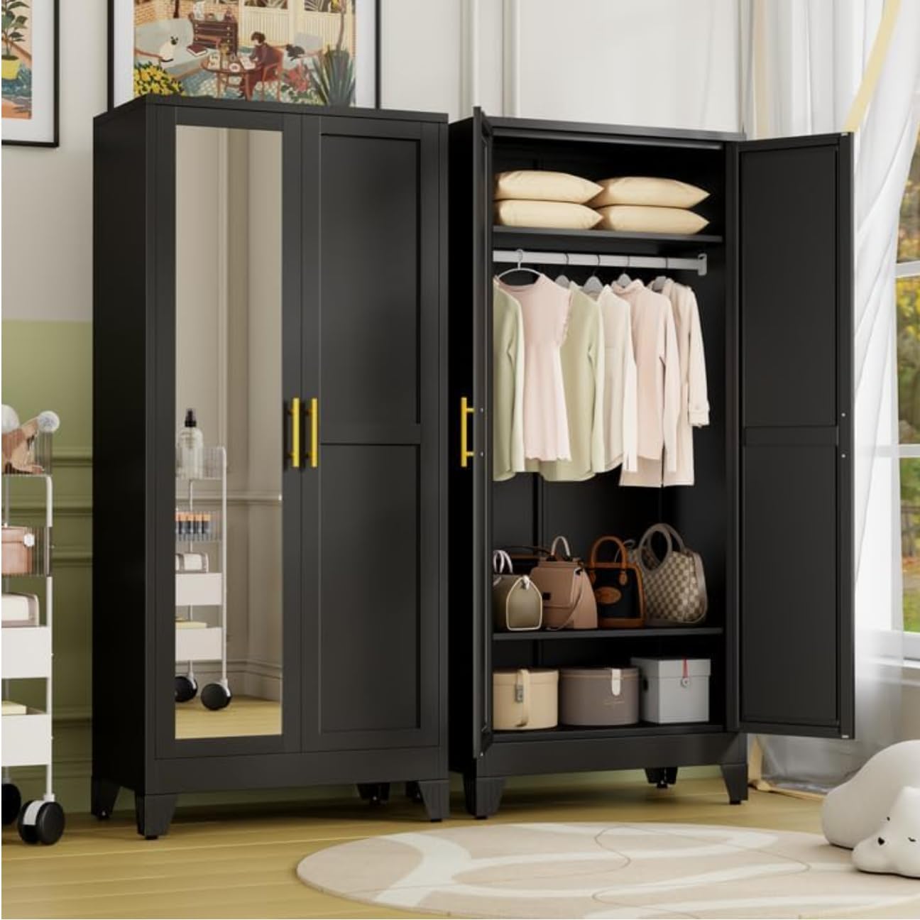 Metal Armoire Wardrobe Closet Storage Cabinet with 2 Doors White, 71'' Wardrobe with Hanging Rod Metal Closet with Adjustable Shelf and 2 Drawers, Freestanding Storage Cabinet for Bedroom