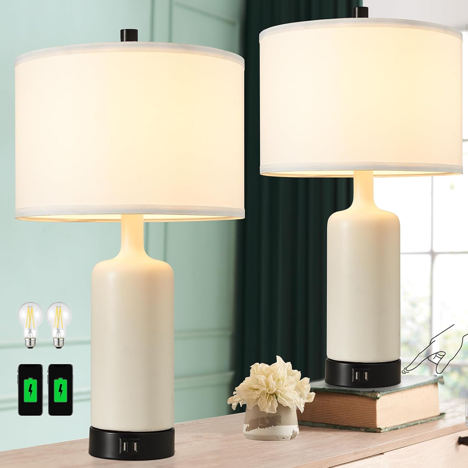 RORIA Touch Table Lamps for Living Room Set of 2, 3Way Dimmable Modern