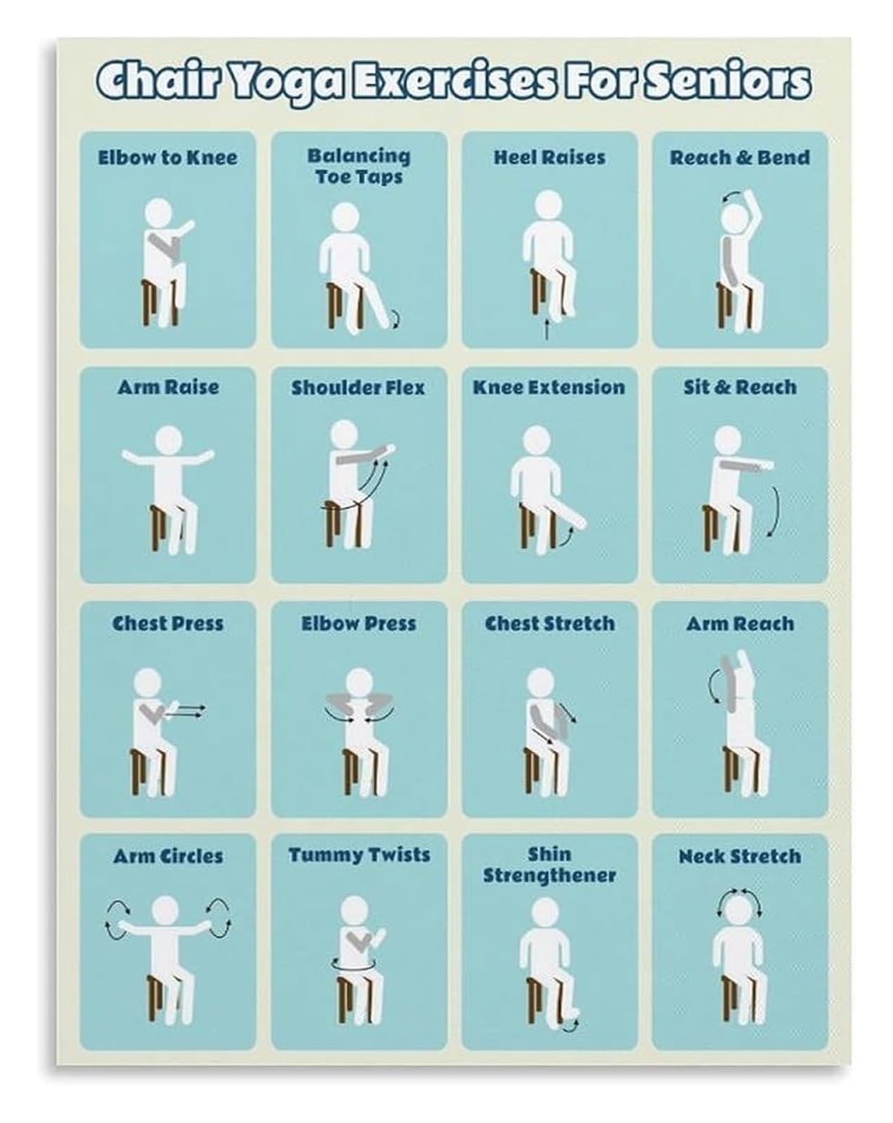 FNYUVNFAF Senior Chair Yoga Pose Chart Canvas Print Seated Workout Guide Flexibility Exercise Poster Wall Decor for Living Room Bedroom Home Gym Unframed,12x18inch(30x45cm)