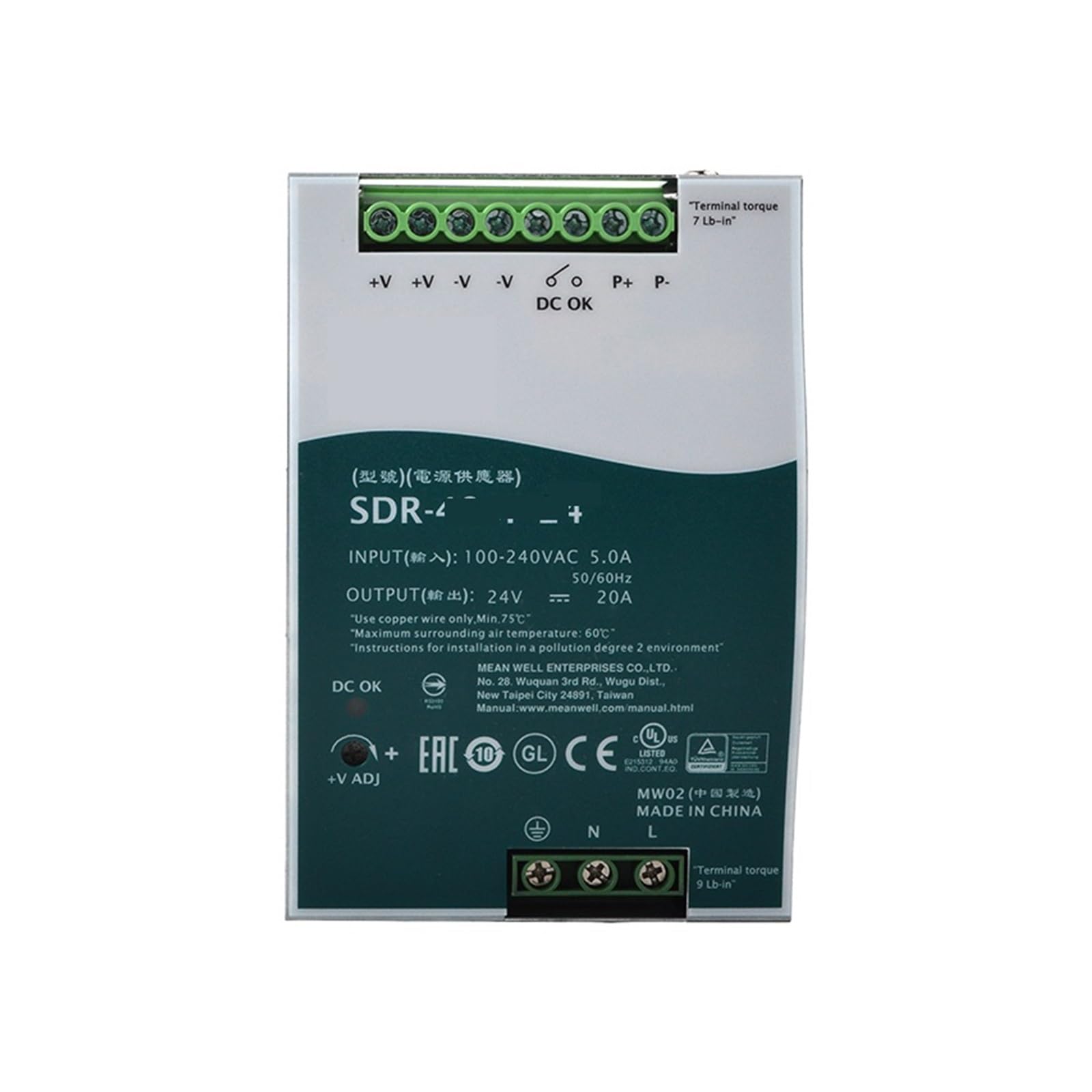 Alimentation de Commutation sur Rail DIN SDR-480P, 24V, 20a, 48V, 10a, 480W, avec Fonction parallèle, PFC(SDR-480P-48 48V 10A)
