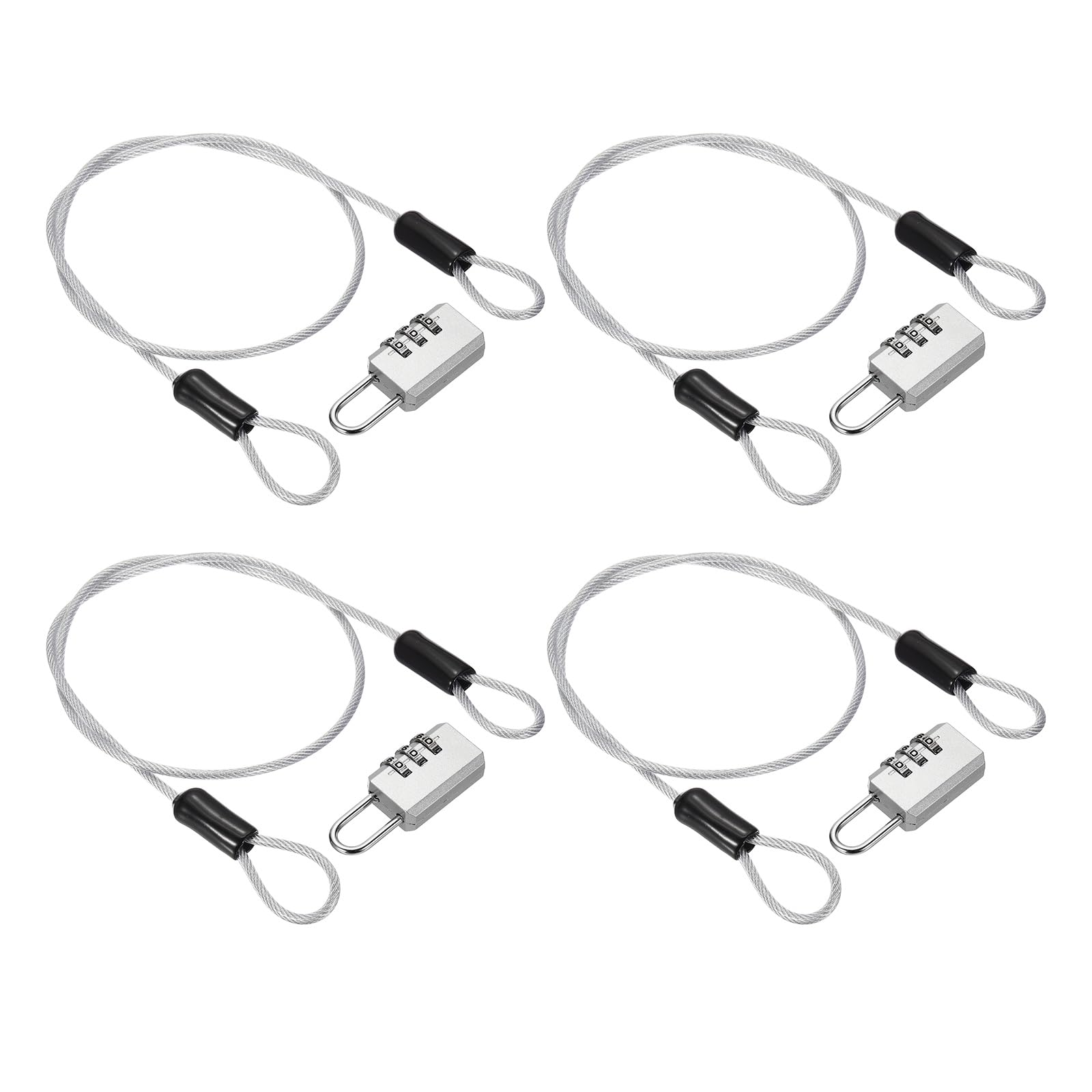 PATIKIL Security Cable with 3 Digit Combination Lock, (50cm x 2.5mm, Silver)(4Set), Braided Stainless Steel Safety Cable Wire Rope with Double Loop, Suit for Suitcase/Bicycle/Cabinets — image 1
