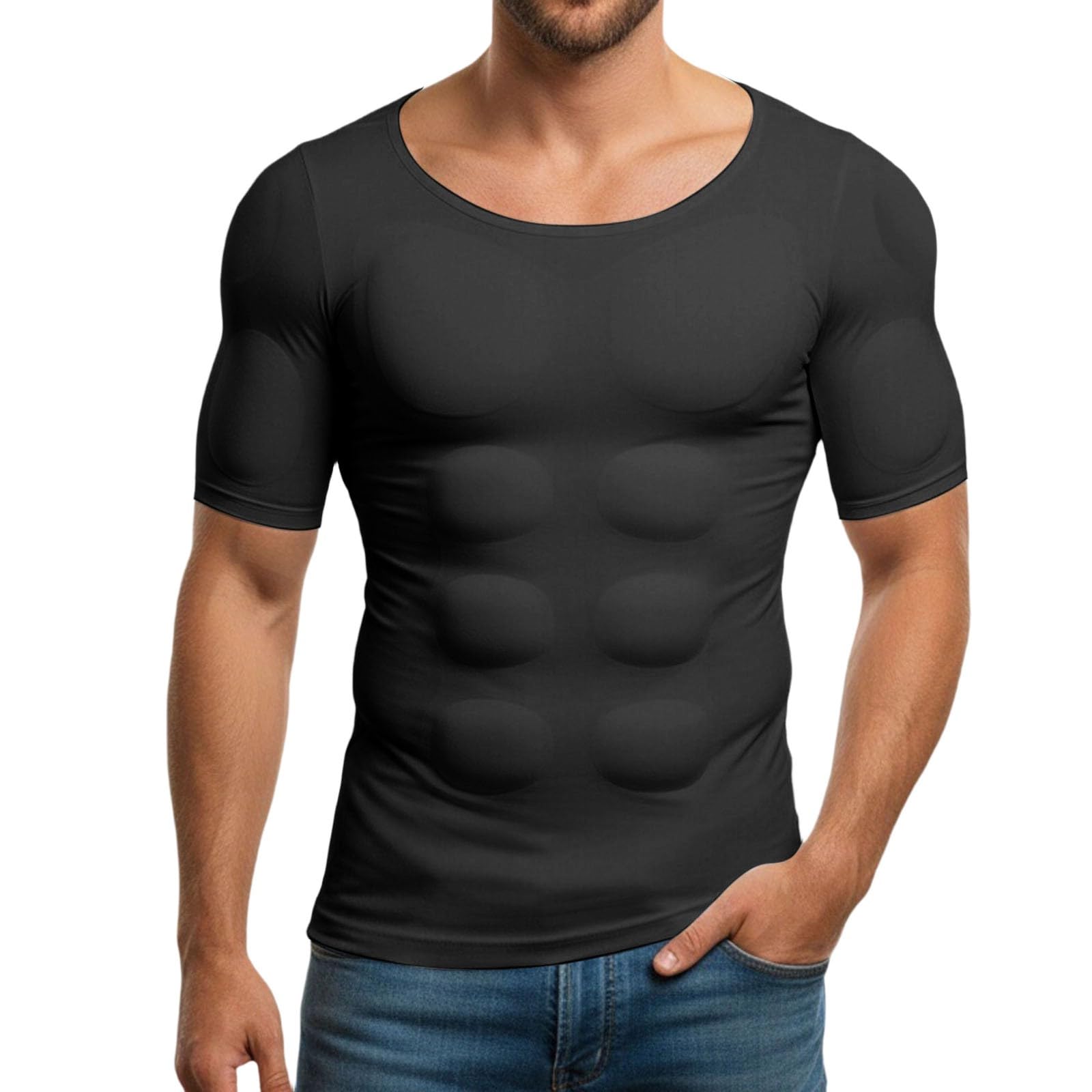T-Shirt Men's Shaper Muscle Chest T-Shirt Padded Muscle Shirt Muscle Chest Tops Fake Belly Chest Top Cosplay Costume Bodybuilding Short Sleeve Tee Shirts Sports Running Shirt, black, XL