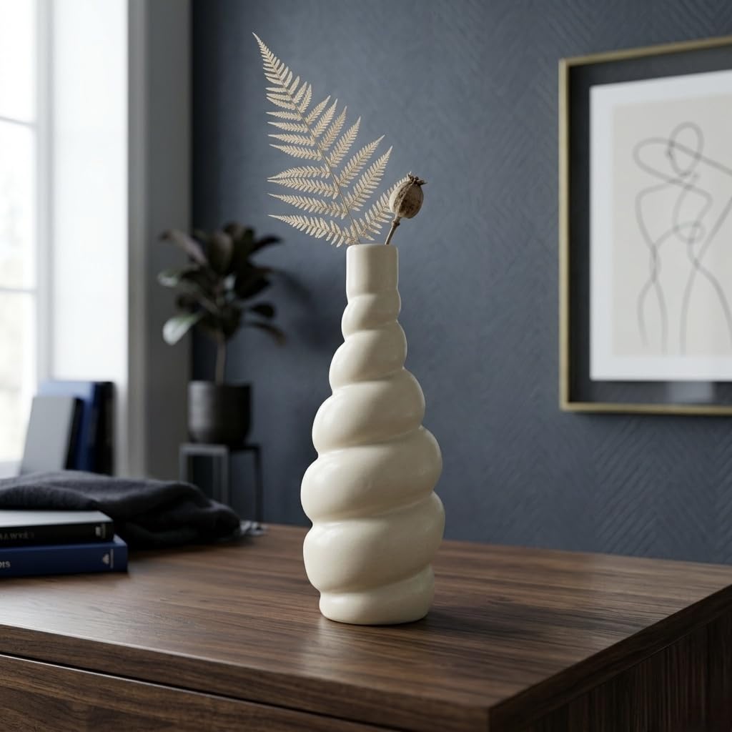 Modern Tornado Ceramic Vase (9-Inch) - Spiral Swirl Decorative Centerpiece for Pampas Grass & Shelf Decor - Minimalist Boho Home Decor (Beige, Flowers Not Included)-image-42