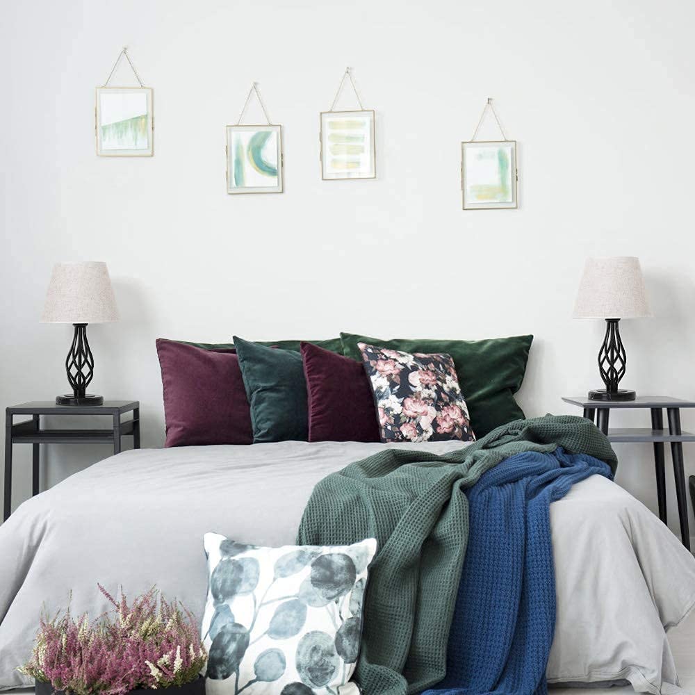 LIANTRAL Set di 2 lampade da comodino, moderna lampada da tavolo con base in marmo e paralume in lino, nero