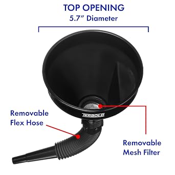 Automotive Flex Funnel with Hose & Mesh Filter (2-Pack) – Wide Mouth Oil Funnel for Gas & Transmission Fluid – Color Coded Flexible Set for Garage & Emergency Kit (Black & Blue)