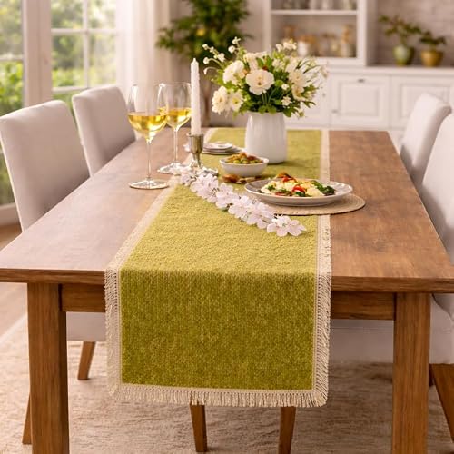 WWW.THROWPILLOW.IN Olive Green Fringe Centre Table Runners for Living Room| Dining Table, Coffee Table & Console Decor|Modern Farmhouse Runner for Stylish Homes|13x60 Inch|for 4 Feet Long Table