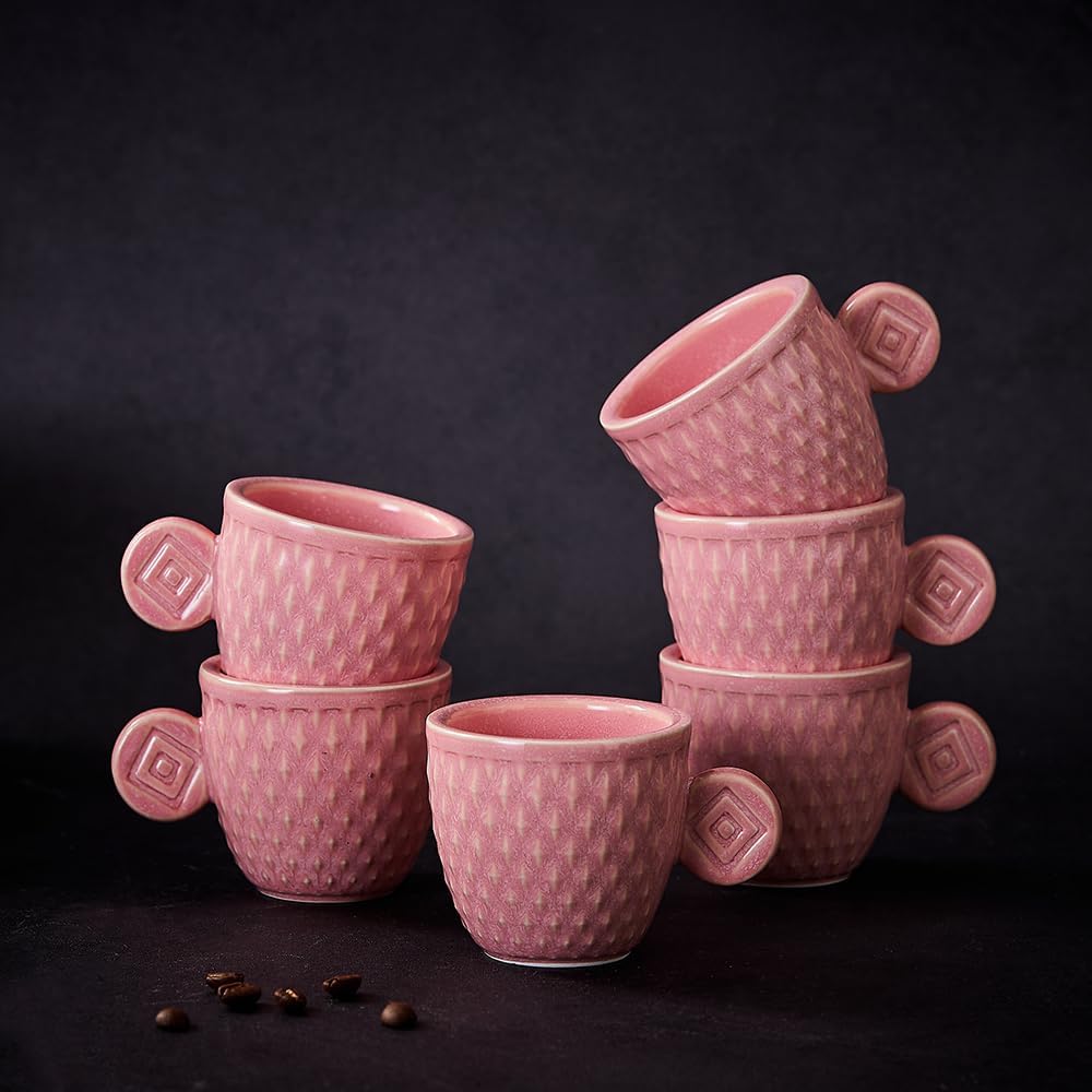 Set of 6 Espresso Cups, 3 oz Demitasse Cups, Unique Embossed Vintage Glaze Small Espresso Coffee Cups (Pink)