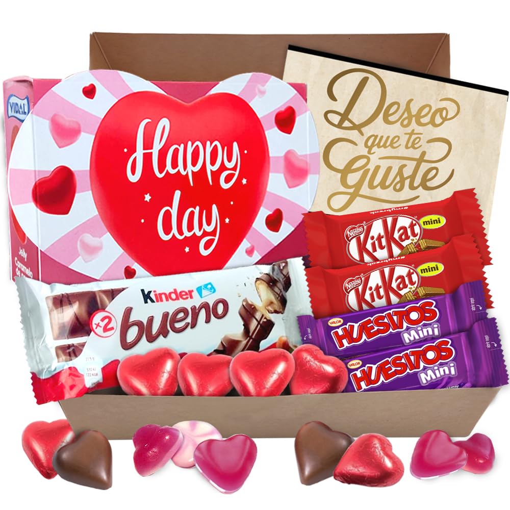 Cajita para Regalo con Chocolate Kinder Bueno, Bombones en forma de Corazon Rellenos, Kit Kat, Huesitos, Gominolas, y Mucho Más · Con Tarjeta Dedicada Personalizada