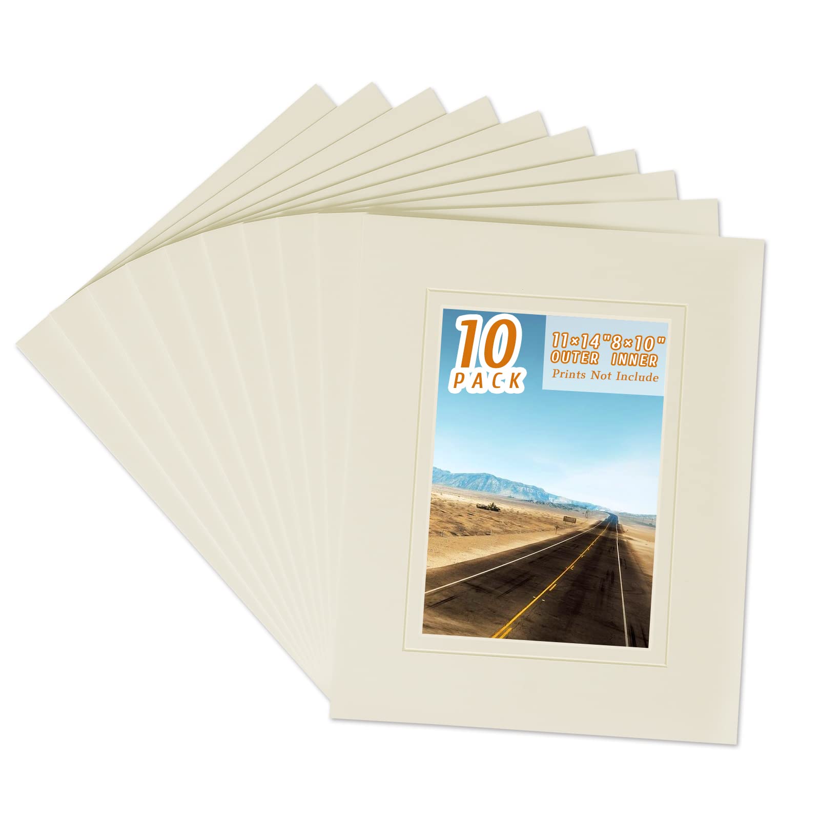 HOTUO 10 Pack Acid Free Ivory Picture Frame Mats, Pre-Cut 11x14 Picture Mats with Ivory Core Bevel Cut for 8x10 Photo, Signature Friendly 4 Ply Thickness Photo Mat for Frames (Ivory with V-Groove)