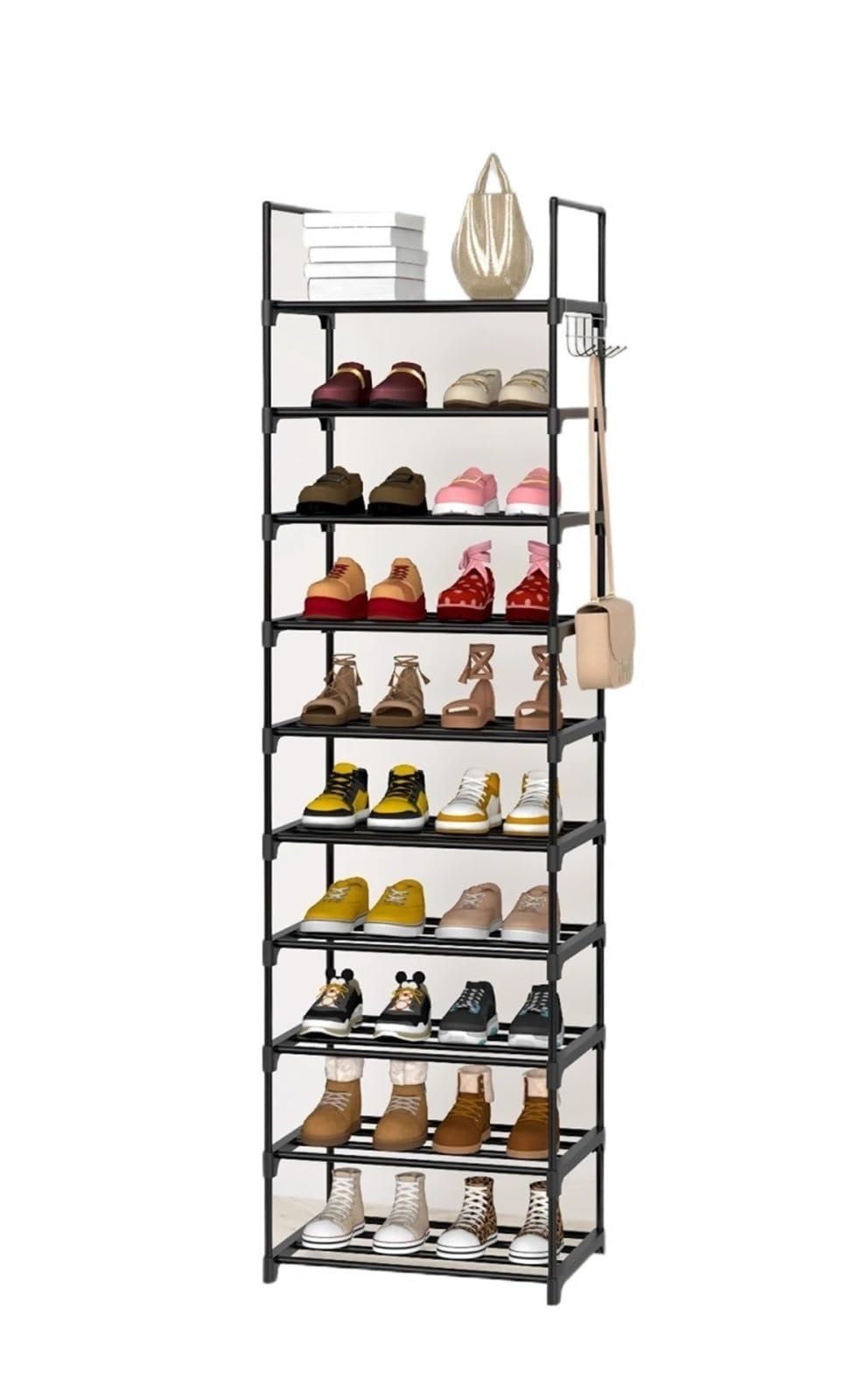 10-Tier Narrow Shoe Rack Hooks 40x30x175cm Hallway Entryway