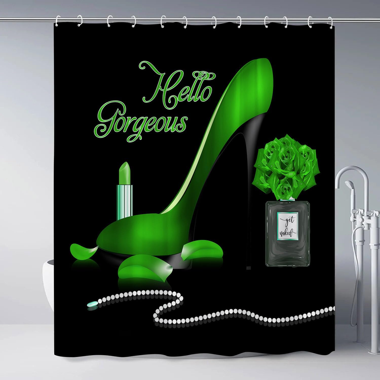 Fashion Girl Shower Curtain Hello Gorgeous Perfume Bottle Green High Heels Rose Flower Makeup Retro Lady Lipstick Romantic Lover Girly Fabric Black Bathroom Decor Set with Hooks 70Wx90H Inch