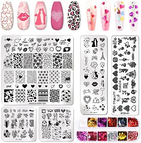 Whaline 6Pcs Valentine's Day Nail Art Plates with 1 Box Valentine's Day Nail Glitter Heart Patterns Stamping Plates Square Rectangular Image Stamp Templates Stamping Kit for DIY Nail Art Decoration