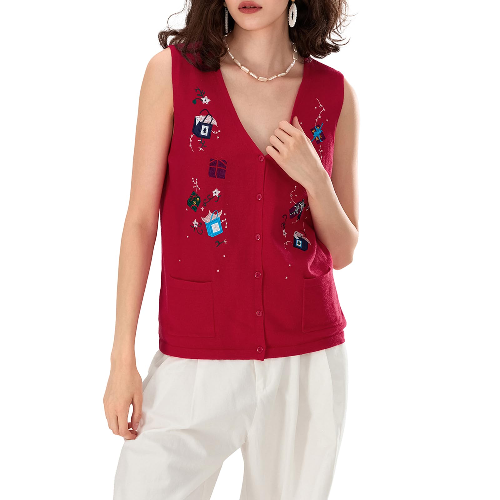 Womens Christmas Embroidered Knit Sweater Vest Button Down V Neck Crochet Crop Top Open Front Xmas Knit Tank