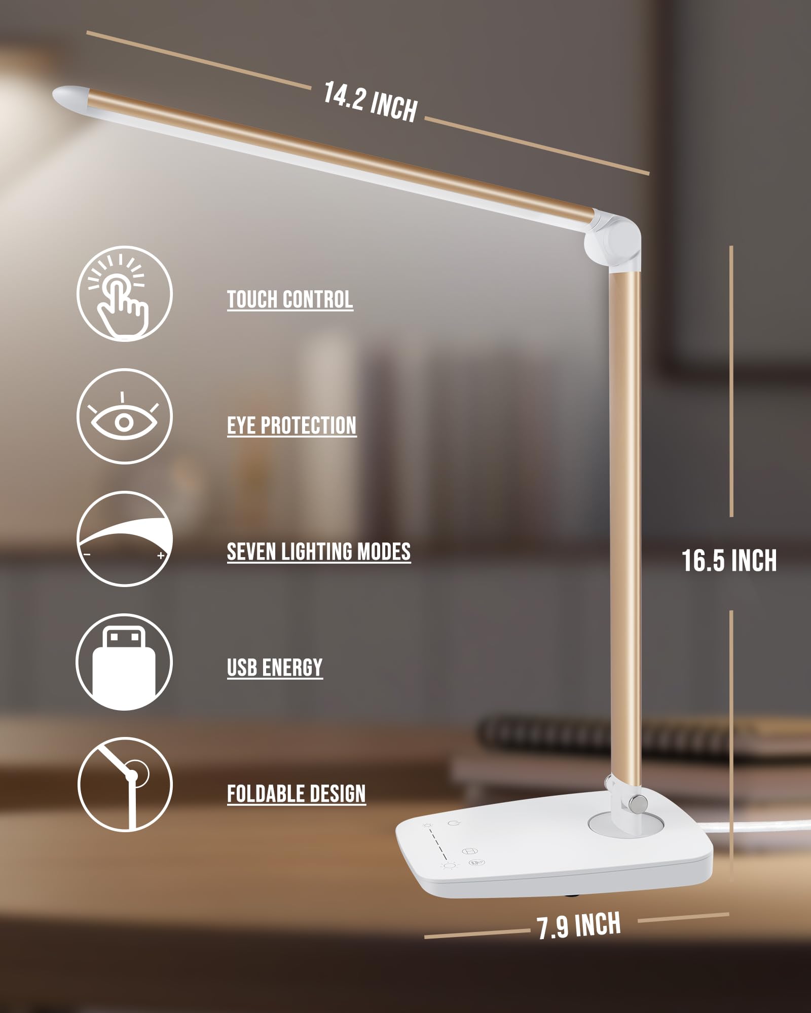 Lámpara de escritorio LED regulable con puerto de carga USB, control táctil, plegable, cuello de cisne de rotación libre, lámpara de mesa ajustable para el cuidado de los ojos, luz de lectura 2