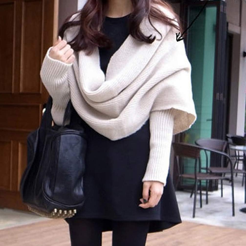 SEWACC Knitted Wrap Scarf Autumn Winter Knitted Scarf with Sleeves Unisex Cape Shawl for Women Men (Beige)