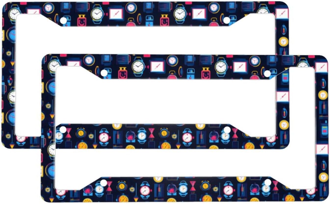 2 Pcs Car License Plate Frames for Women Men – Vintage Clock Colorful Print Solid Aluminum License Plate Cover for Car Accessories with Fasteners