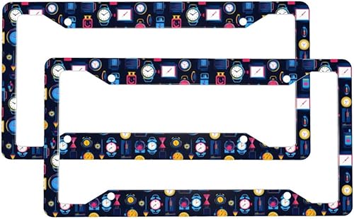 2 Pcs Car License Plate Frames for Women Men - Vintage Clock Colorful Print Solid Aluminum License Plate Cover for Car Accessories with Fasteners