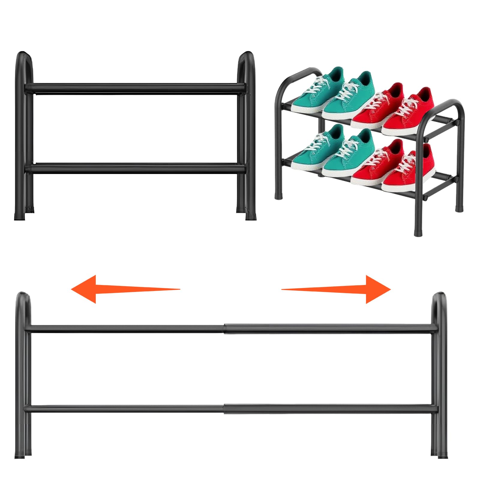 Weeloo Black Expandable Shoe Rack，Adjustable And Retractable Metal Shoe Shelf, Shoe Storage Independent Racks Save Space For Living Rooms Bedrooms Closets And Porches (2 Tier)