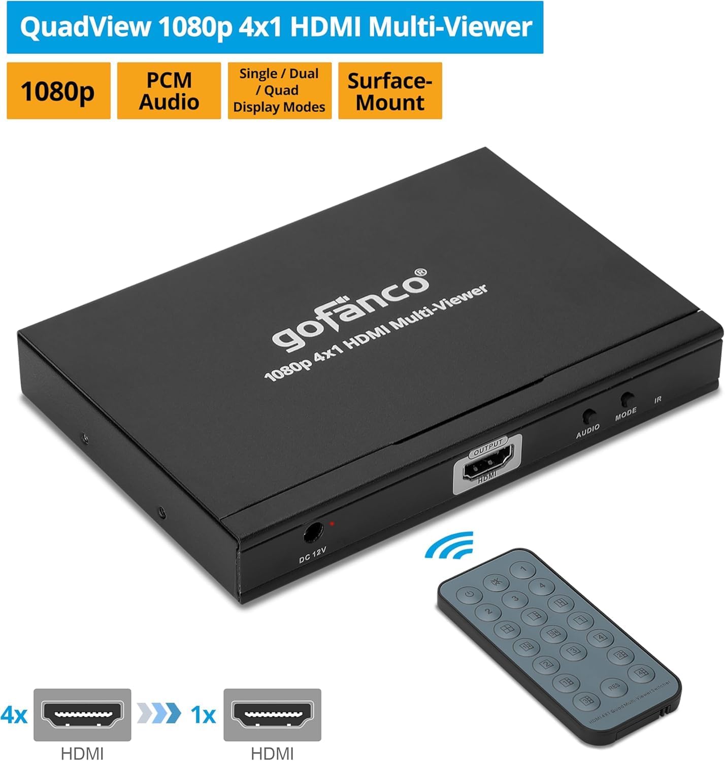 gofanco 1080p 4x1 HDMI Multi Viewer – View 4 HDMI Sources on 1 Screen, 1080p Quad/Dual/Single Modes, Seamless Switching, IR Remote, Ideal for Security, Gaming & Monitoring (QuadView)