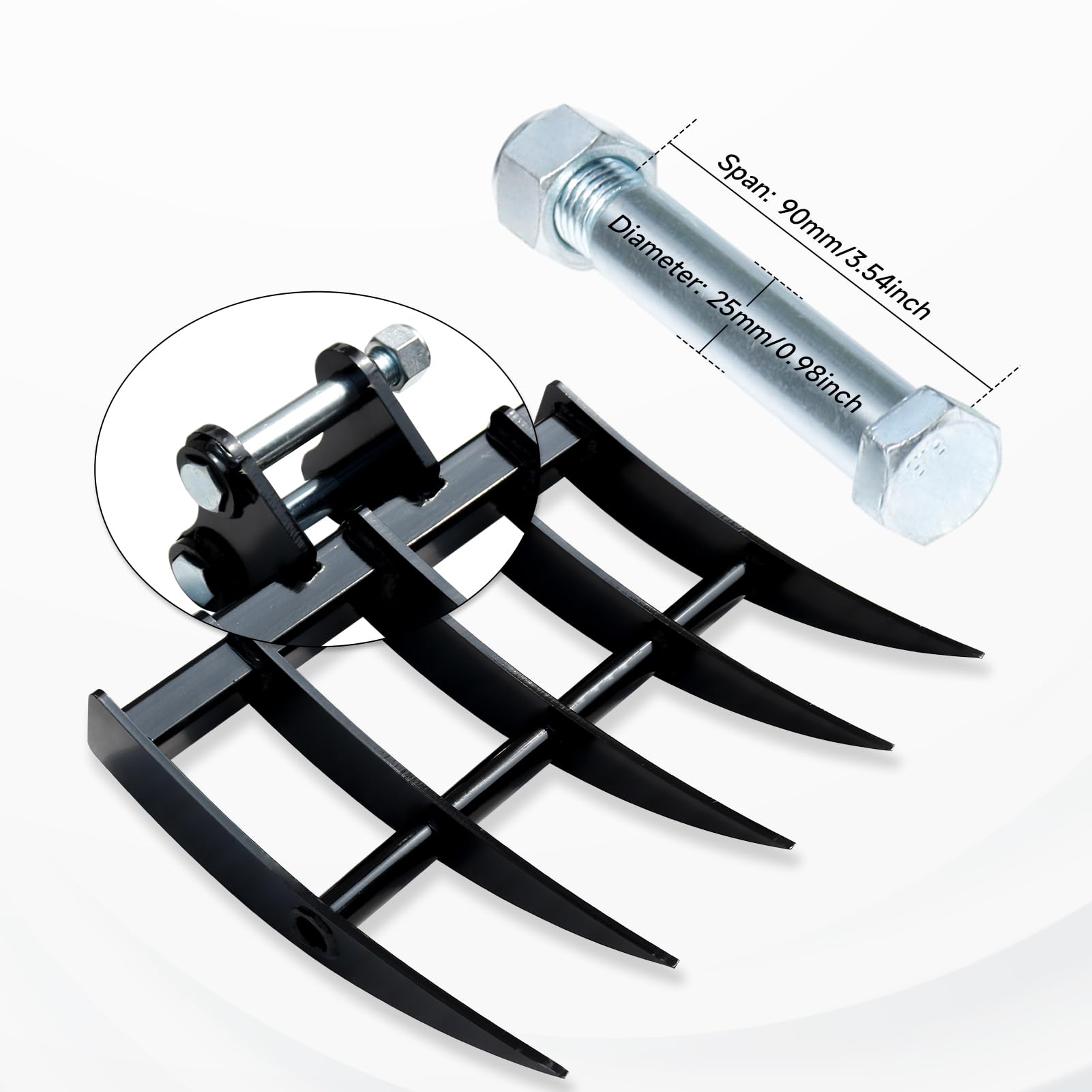 Rastrillo de excavadora de metal ancho para mini excavadoras, accesorios de excavadora con diámetro de orificio de 25 mm y envergadura de 90 mm