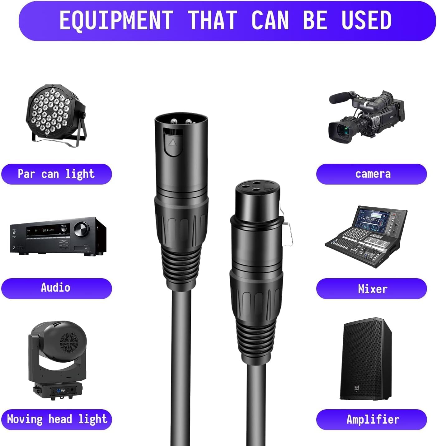 WorldLite Cavo DMX 1 M, 10 Cavi Segnale A 3 Pin XLR Maschio-Femmina, Connettori In Metallo, Per Illuminazione Stage E DJ