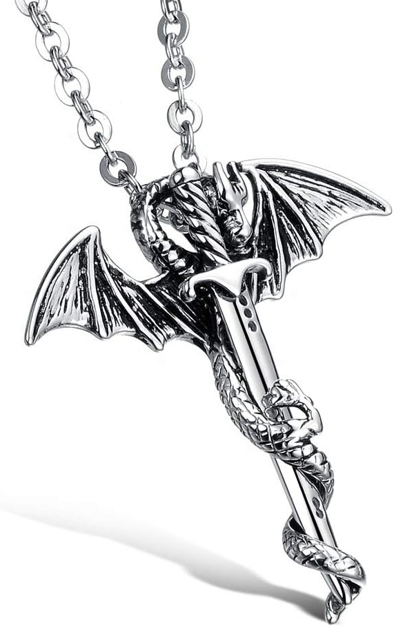 Dragon Dagger Necklace for Men or Women Stainless Steel Punk Gothic Vintage Look Mythical Pendant With Chain Fantasy Fashion Jewelry by Ginger Lyne