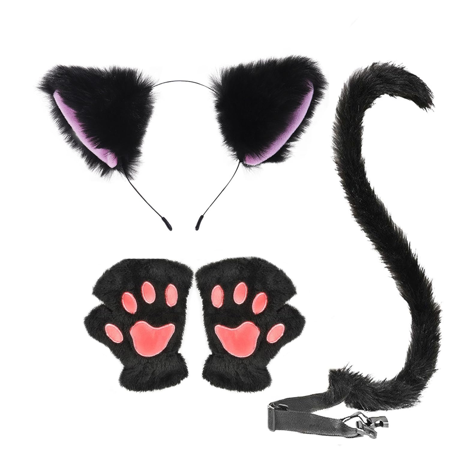 Tniytru 3-PieceCat Ears Headband, Paw Gloves, Furry Tail Set