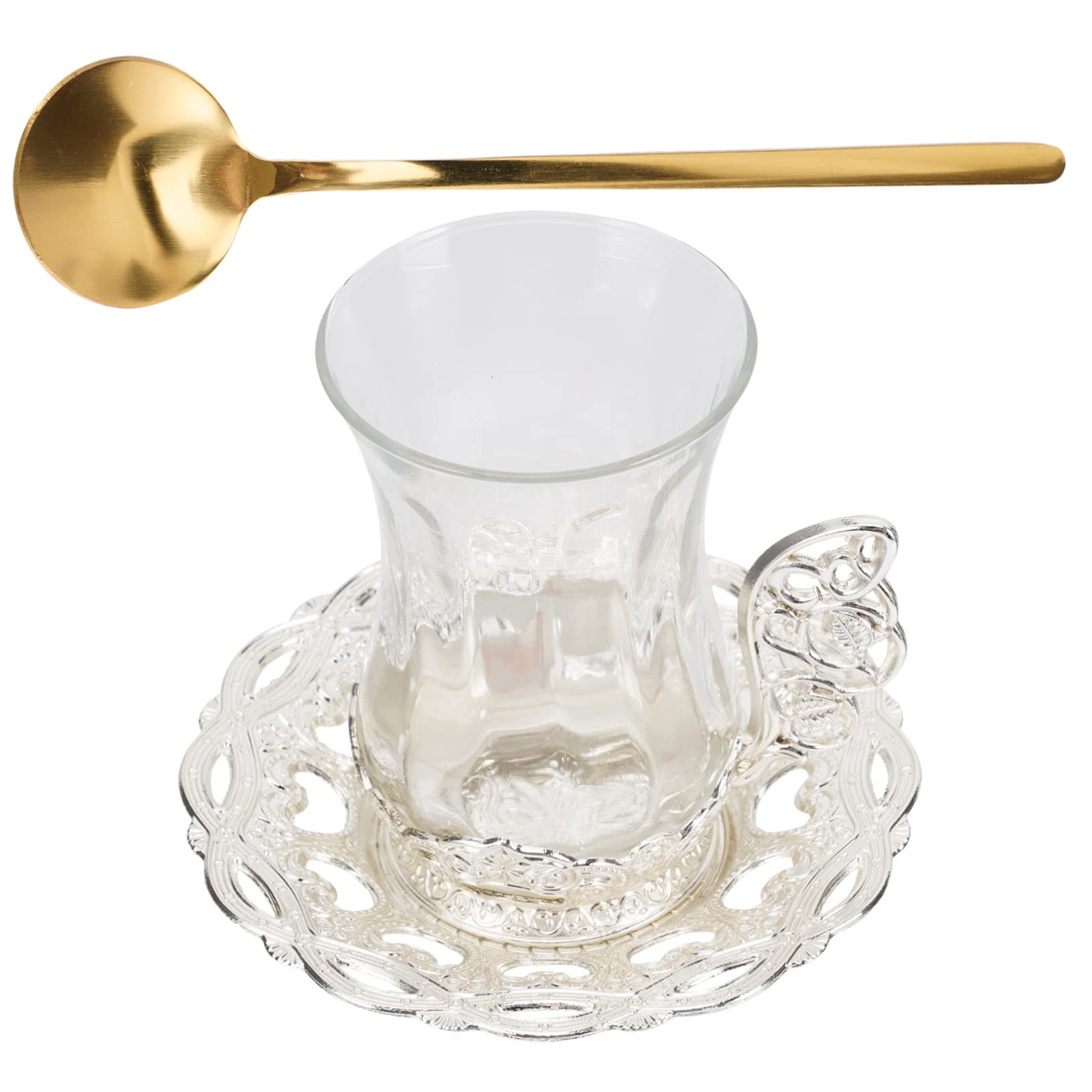 2Juegos Taza de Café y Té de Vidrio con Platillo y Cuchara Diseño Elegante y Tallado para Servir Bebidas Calientes Estilo Vintage para Hogar