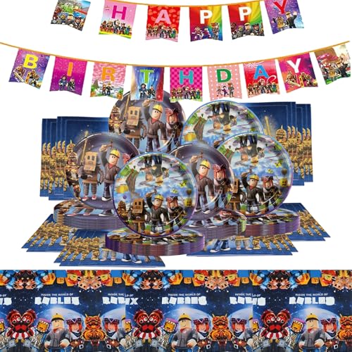 62 Piezas Vajilla Cumpleaños R-oblx，Decoracion R-oblx Cumpleaños，Roblx Servilletas, Platos de Papel, Banners，Mantel, Perfecto para 20 Personas