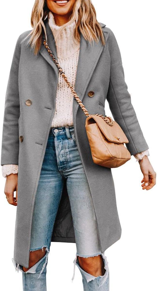 Yousify Womens Notched Lapel Collar Double Breasted Pea Coat Winter Wool Blend Over Coats Long Jackets - Image 2