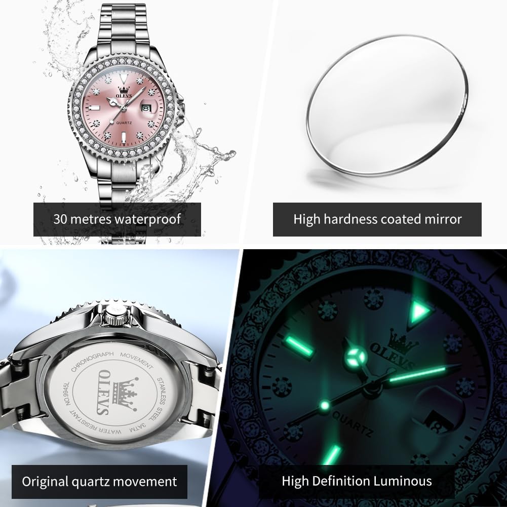 OLEVS Watches for Women Diamond with Date Luxury Leather Female Waterproof Women Wrist Watch Analog Dress Stainless Steel Ladies Watch Luminous Calendar Women Watch Green/Blue/Purple Dial