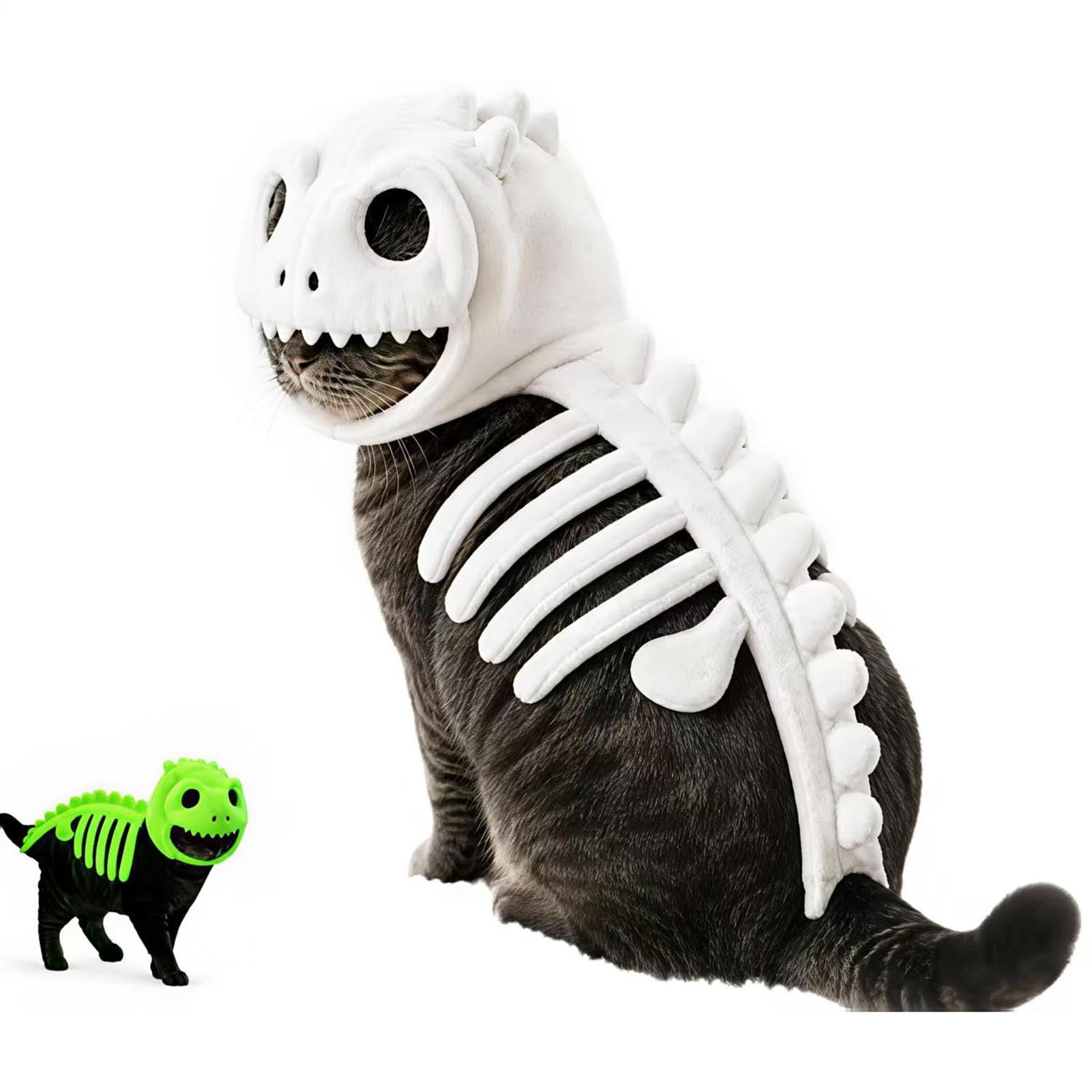 Costume da scheletro di dinosauro per gatto, costume luminoso per Halloween e cosplay | Costume di Halloween per carnevale, feste in maschera, palcoscenico, parco, dormitorio, cucciolo