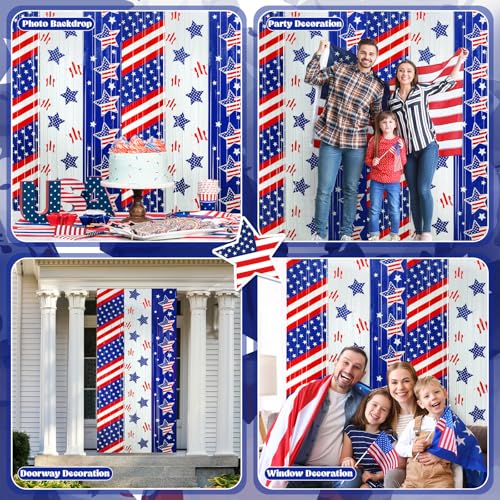 Image of Veterans Day Decorations 3 Pack 3.3 x 6.6 ft Red White Blue Foil Fringe Curtains Veterans Day Backdrop Patriotic Photo Backdrop Streamer for Independence Days Memorial USA Labor Party