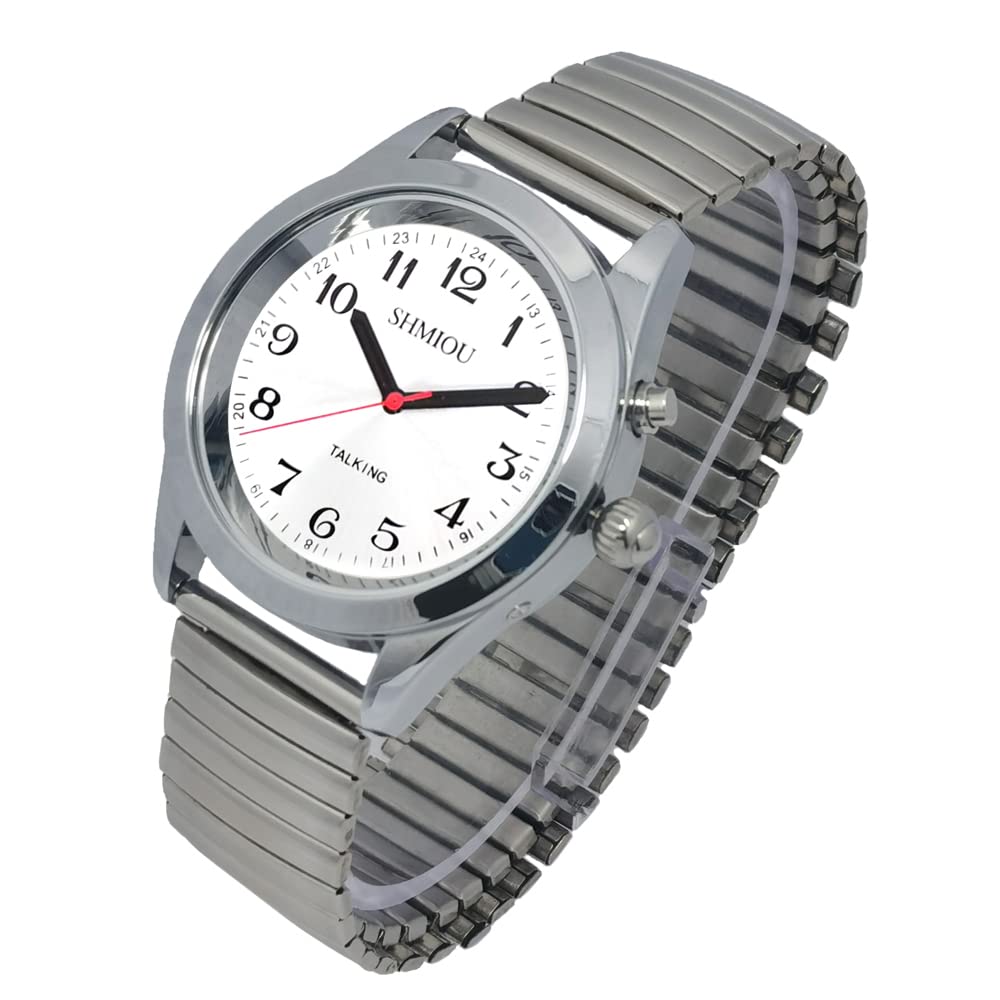 Montre parlante français pour Unisexe malvoyant Voix Forte Aiguilles Longues avec Bracelet Extensible en Acier Inoxydable argenté Montre-Bracelet à Quartz