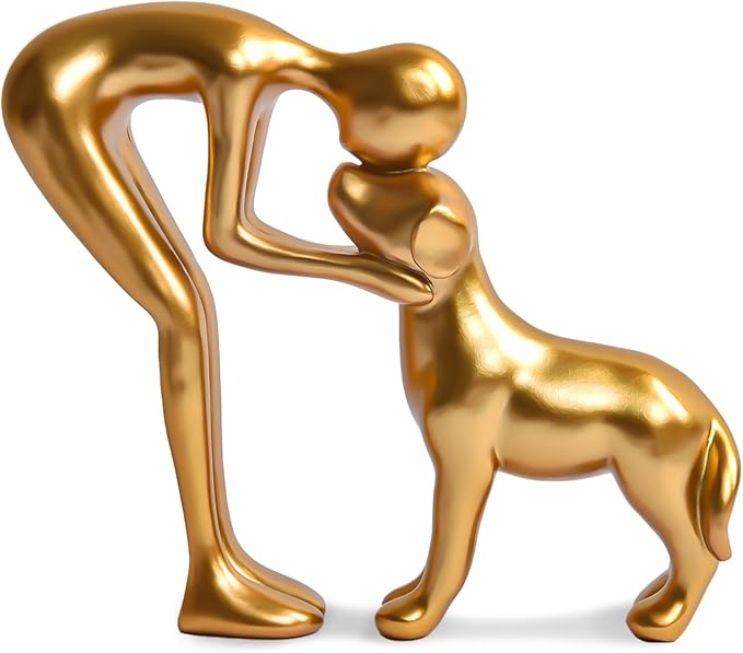 Pet Sculpture Home Decor Man and Dog Statue Decoration for Office、Living Room、Bedroom、Home， Memory Gifts for Dog Lovers (Golden)