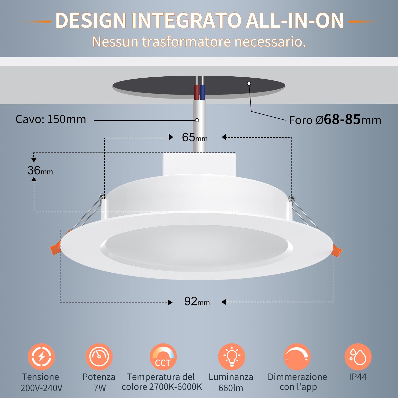 DUSKTEC Faretti LED da Incasso per Cartongesso Smart, Compatibile con Alexa, 220V Faretti LED Spot Interno Intelligente Bluetooth 7W 660LM, Bianco Regolabile 2700K-6000K, App Controllato, 6 Pezzi