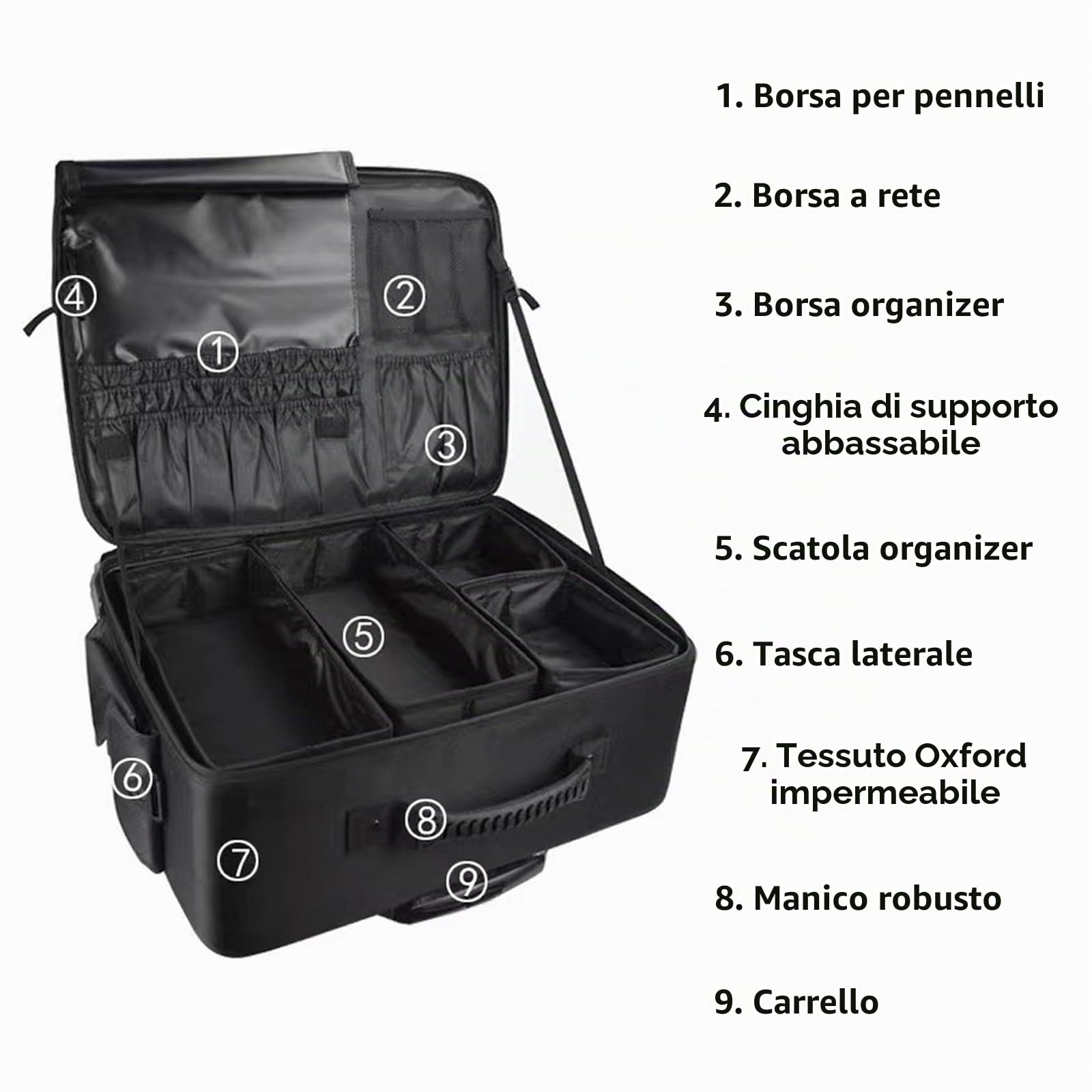 Valigia per cosmetici a più livelli, impermeabile, organizer per trucchi con carrello retrattile, 48,7 cm, Nero