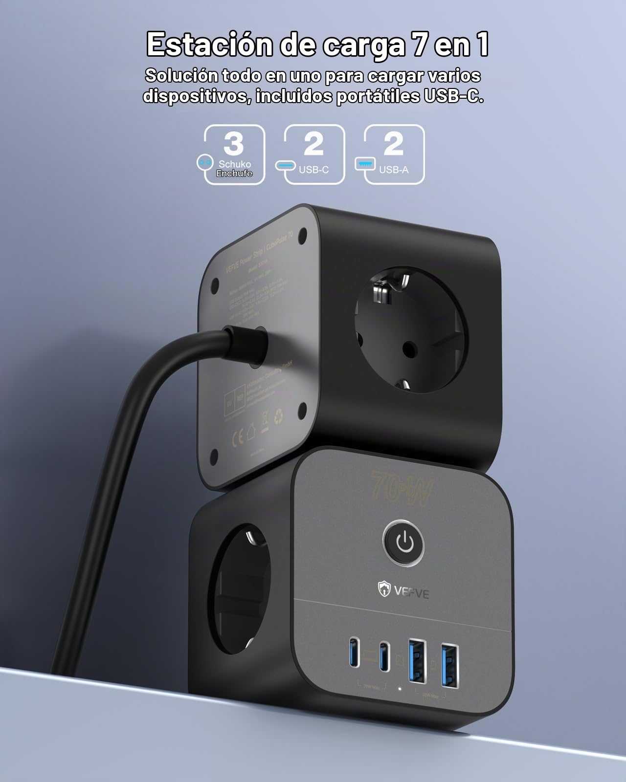 VEFVE Cubo Regleta 70W GAN, Cargador Rápido USB C, Ladrón Enchufes 7 en 1 con Interruptor, Compatible con iPhone 17, Galaxy S26, MacBook, Cable 3m, Negro