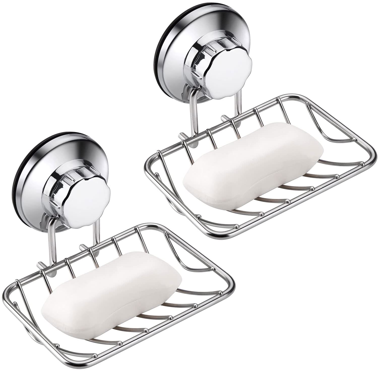 ARCCI Bar Soap Holder for Shower Wall, Stainless Steel Strong Vacuum Suction Cup Shower Soap Dish, Rustproof Wall Mouted Square Soap Sponge Holder Tray for Bathroom & Kitchen Sink, 2 Pack, Chrome