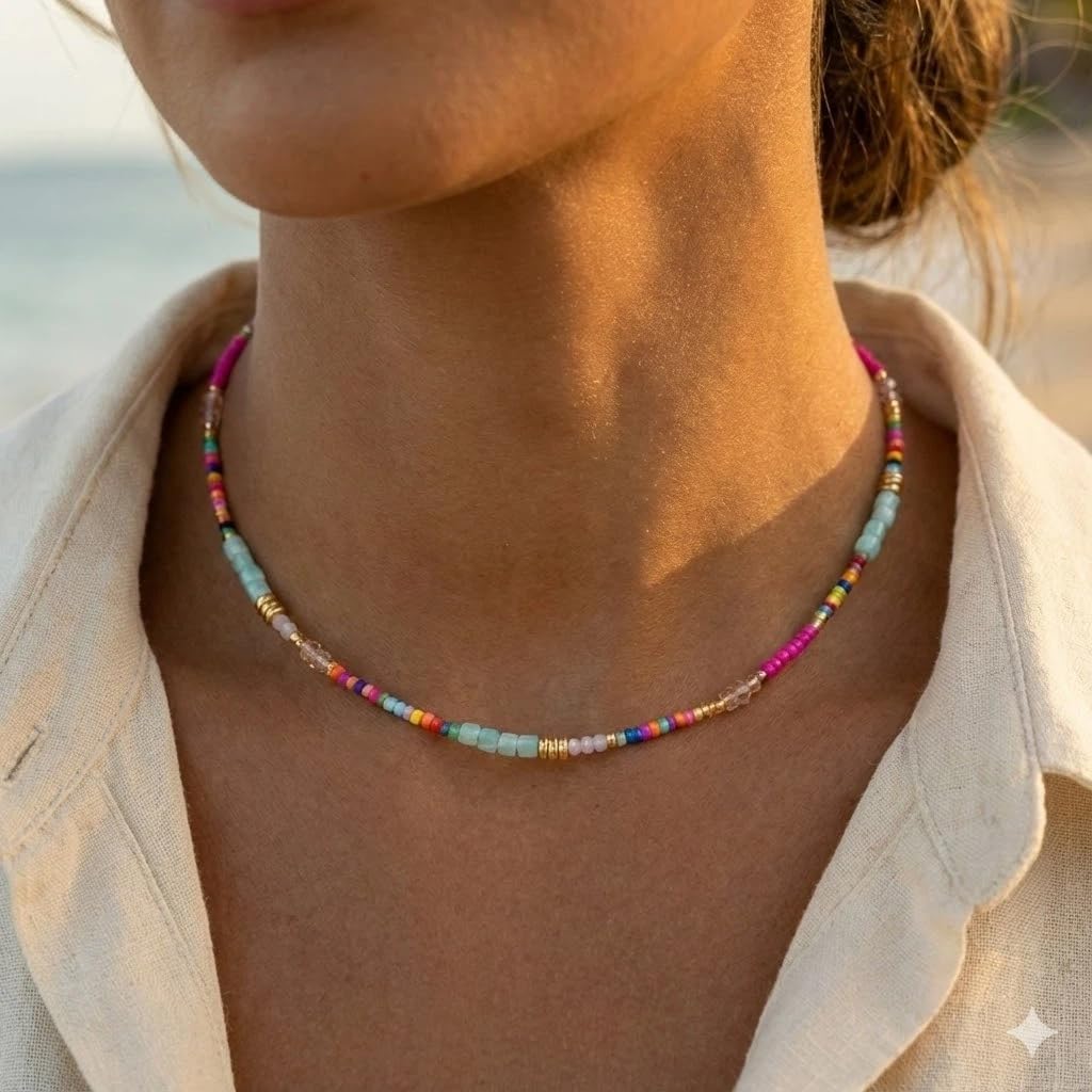 4PCS Dainty Colorful Natural Crystal Beaded Layered Choker Necklace Set for Women,Handmade Bohemian Candy Healing Stone Beads Trendy Beach Jewelry Gift Friendship - Image 4