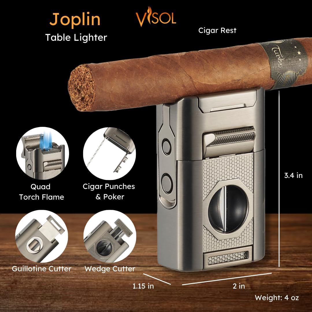 Personalized Visol Joplin Quad Torch Multi-Tool Table Lighter, Built in Guillotine and Wedge Cutters, Butane Refillable Adjustable Flame Lighter (Shipped without Butane) with Free Engraving (Gunmetal)