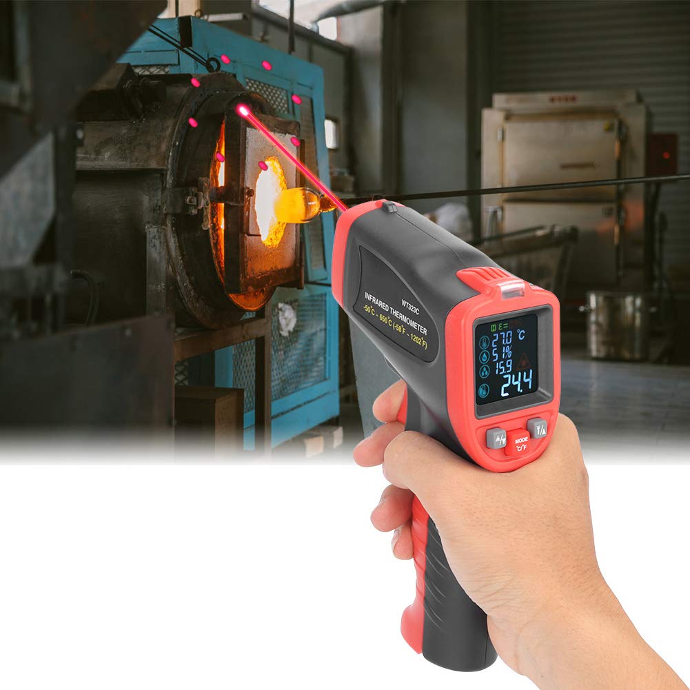 Termómetro infrarrojo digital industrial de mano con termopar K - Sensor de temperatura sin contacto con pantalla LCD a color - Rango de -50 a 650 grados Celsius - Relación objeto